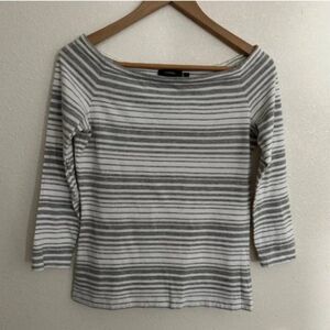 Theory Gray and White Striped 3/4 Sleeve Bateau Neck Top Size Small